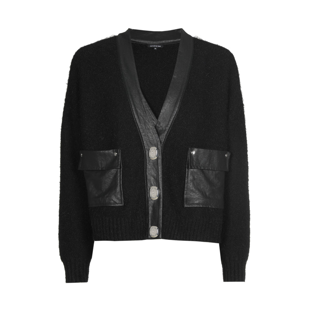 Korte cardigan met vegan leather details - Black