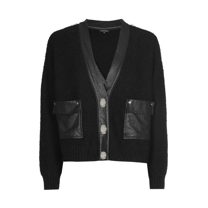 Korte cardigan met vegan leather details - Black