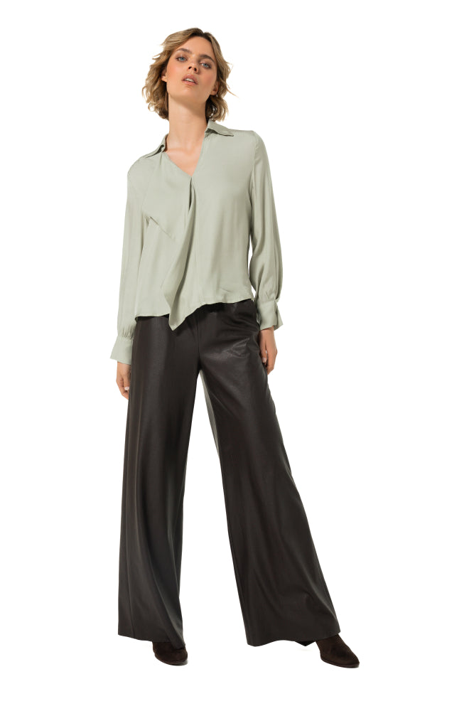 Palazzobroek in vegan leather, elastic waist - Coffee