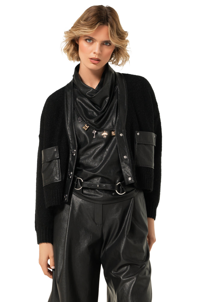 Korte cardigan met vegan leather details - Black