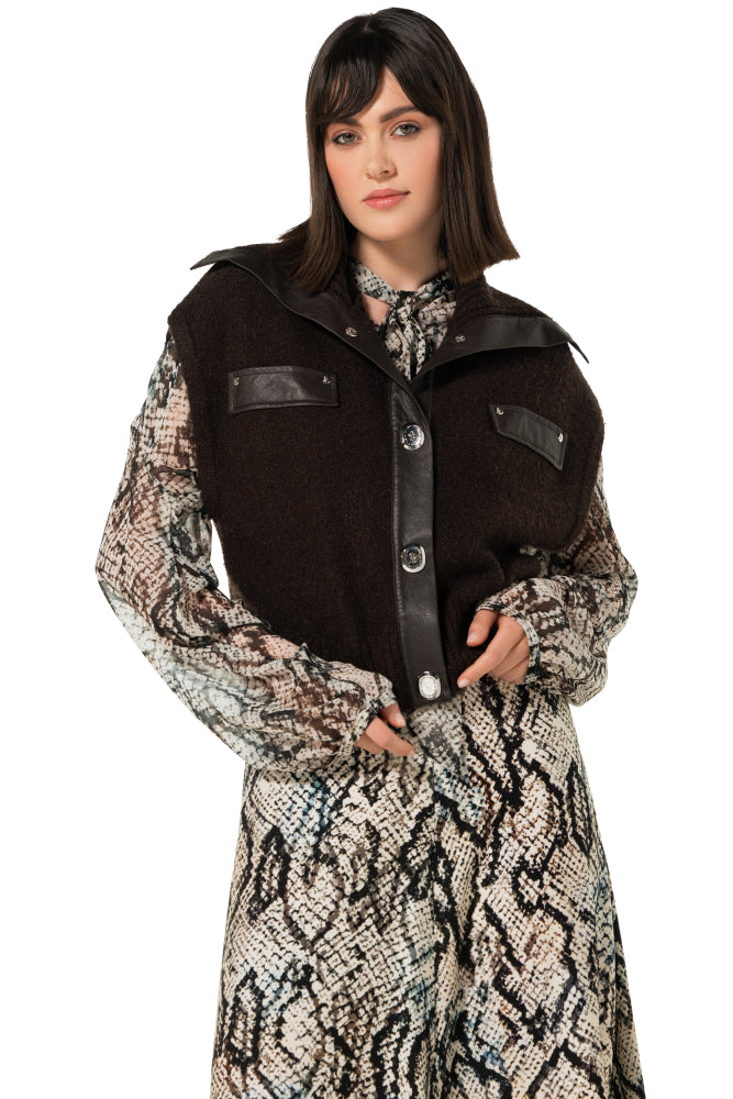 Cardigan trui met vegan leather details - Coffee
