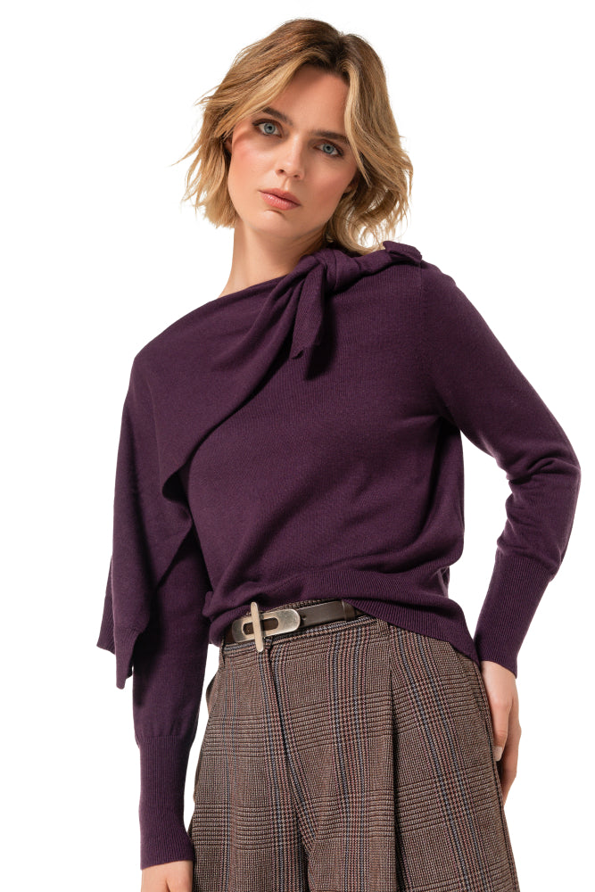 Elegante pull met strik- en schouderdetail - Plum