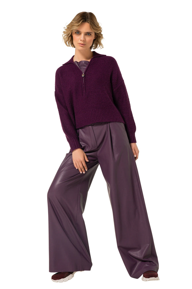 Soepele trui met vegan leather detail - Plum
