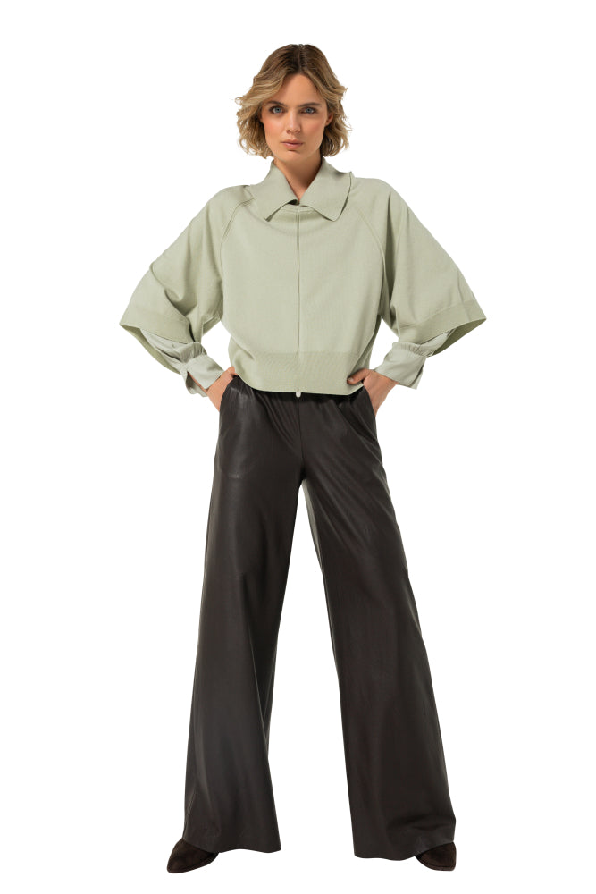 Palazzobroek in vegan leather, elastic waist - Coffee