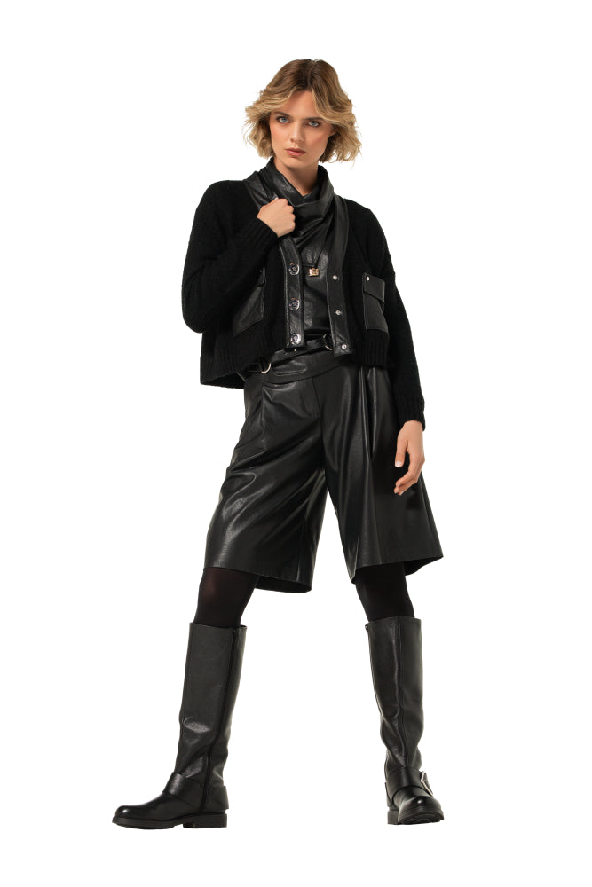 Korte cardigan met vegan leather details - Black