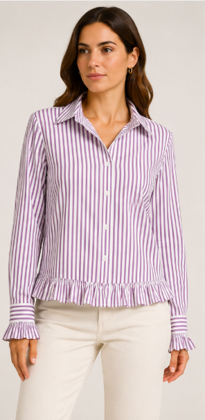 Damesblouse van OUI met wit-violet streeppatroon en volantafwerking