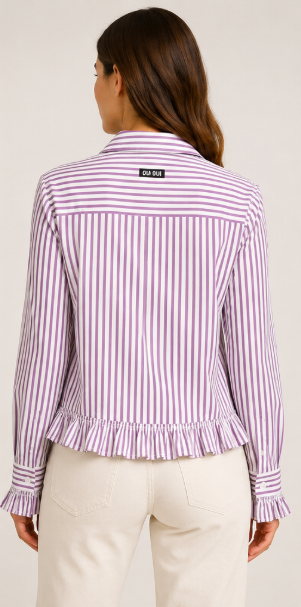 Damesblouse van OUI met wit-violet streeppatroon en volantafwerking